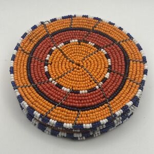 6 Handmade Seed Bead Coasters Round Beaded Trivet Orange Red‎ Blue White Boho